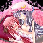  ahoge areola_slip areolae bad_id bad_pixiv_id blush breast_rest breasts covered_nipples crescent flat_chest frilled_pillow frills hat head_wings hikami_akira koakuma large_breasts lying multiple_girls nipple_slip nipples on_back open_clothes open_shirt pantyhose patchouli_knowledge pillow purple_eyes purple_hair red_eyes red_hair shirt touhou yuri 