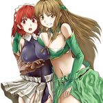  aria_(seiken_no_blacksmith) arm_around_neck blush breast_press breasts brown_hair cecily_cambell cleavage detached_sleeves enu_(n_storage) gloves grin hairband impossible_clothes impossible_shirt large_breasts leotard midriff multiple_girls navel open_mouth red_eyes red_hair seiken_no_blacksmith shirt simple_background smile surprised yellow_eyes 