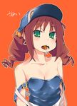  bad_id bad_pixiv_id bare_shoulders brown_hair candy food green_eyes idolmaster idolmaster_(classic) lollipop pilotis solo strap_slip takatsuki_yayoi twintails 