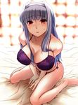  blush bra breasts emanon123 hairband idolmaster idolmaster_(classic) large_breasts lingerie looking_up panties red_eyes shijou_takane silver_hair solo underwear underwear_only 