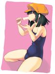  bakemonogatari black_hair brown_eyes cabbie_hat food hat highres monogatari_(series) one-piece_swimsuit popsicle school_swimsuit sengoku_nadeko sexually_suggestive short_hair solo swimsuit yakubeni 