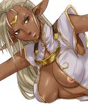  areolae breasts brown_eyes circlet dark_skin elf grey_hair gus_(clarkii) jewelry large_breasts lips long_hair necklace nipple_slip nipples open_clothes open_shirt pirotess pointy_ears record_of_lodoss_war shirt solo 