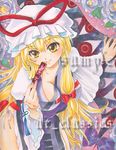  absurdres at_classics blonde_hair bow breasts closed_fan eyes fan folding_fan gap hair_bow hat hat_ribbon highres ink_(medium) large_breasts long_hair marker_(medium) nib_pen_(medium) panties red_eyes ribbon sample side-tie_panties smile solo touhou traditional_media underwear yakumo_yukari yellow_eyes 