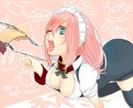  aqua_eyes borrowed_character breasts cleavage covered_nipples feeding food fork maid maid_headdress medium_breasts one_eye_closed original pink_hair saliva sexually_suggestive solo_focus spoon suko_mugi takagi_(tansuke) thighhighs 