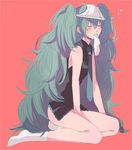  50yen bad_id bad_pixiv_id blush_stickers closed_eyes eating green_hair hatsune_miku long_hair messy_hair mouth_hold necktie object_on_head panties panties_on_head saliva simple_background sitting sleepy socks solo underwear very_long_hair vocaloid wardrobe_error 