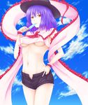  breasts covered_nipples food frills hat highres image_sample md5_mismatch medium_breasts nagae_iku pixiv_sample popsicle purple_hair red_eyes reg_(artist) shawl short_hair solo touhou unbuttoned underboob 