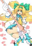  absurdres artist_request bell blazblue blonde_hair fang green_eyes hair_ribbon heart highres long_hair panties pantyshot platinum_the_trinity quad_tails ribbon solo staff striped striped_panties symbol-shaped_pupils thighhighs two_side_up underwear 