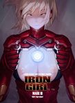  armor blonde_hair breasts genderswap genderswap_(mtf) highres iron_man kinggainer light marvel nipples parody poster power_suit small_breasts solo 