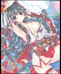  alternate_costume armpits arms_up black_hair blush bow breasts cleavage detached_sleeves flower frills garters hair_bow hair_over_breasts hakurei_reimu hydrangea large_breasts long_hair marker_(medium) ofuda pekopokox red_eyes shikishi solo touhou traditional_media wet wet_clothes 