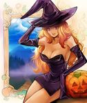  blonde_hair breasts cleavage deneb_rove dress elbow_gloves gloves hat highres large_breasts long_hair moreshan pumpkin purple_eyes short_dress solo tactics_ogre witch_hat 