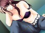  akiyama_sakuya arm_support bangs bare_shoulders belt blue_eyes blue_pants bra breast_press breasts brown_hair choker collarbone dutch_angle eyebrows_visible_through_hair feti_2_~akiyama_sakuya_hen~ game_cg hair_between_breasts half-closed_eyes hand_in_hair hand_on_own_head hand_up kinmedai_pink knee_up large_breasts lingerie long_hair looking_at_viewer navel no_shirt pants parted_lips sitting solo underwear 