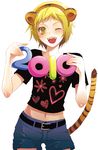  androgynous animal_ears bad_id bad_pixiv_id belt blonde_hair blush fangs haruha_(aeropolis) headband navel one_eye_closed open_mouth original shirt short_hair shorts solo t-shirt tail tiger_ears tiger_tail yellow_eyes 