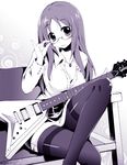  adjusting_eyewear breasts cleavage couch flying_v gibson glasses guitar instrument jewelry k-on! kaisanbutsu long_hair medium_breasts monochrome necklace pantyhose solo yamanaka_sawako 