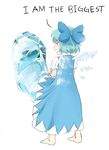  :d barefoot blue_eyes blue_hair bow cirno drawfag english from_behind futanari gigantic_penis hair_bow ice open_mouth penis short_hair simple_background smile solo touhou white_background wings 