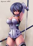  arm_up armpits ayanami_rei blue_hair bob_cut breasts cleavage curvy elbow_gloves gloves hair_ornament large_breasts md5_mismatch neon_genesis_evangelion plugsuit red_eyes sheath short_hair solo standing sword thighhighs thighs togusa_masamu weapon zettai_ryouiki 