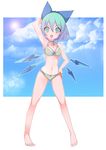  aqua_hair armpits bad_id bad_pixiv_id banned_artist barefoot bow bra choker cirno cloud day feet full_body gradient_hair green_bra green_eyes green_panties hair_bow hand_behind_head highres lavender_hair lens_flare lingerie looking_at_viewer multicolored_hair navel outside_border panties ribbon_choker short_hair simple_background sky solo standing tetsubuta touhou underwear underwear_only wings 