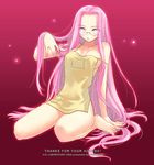  apron barefoot fate/stay_night fate_(series) glasses long_hair naked_apron pink_eyes purple_hair rider sitting solo task_owner very_long_hair 