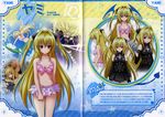 1girl artist_request bikini blonde_hair breasts cleavage cleavage_cutout crease detached_sleeves expressionless frilled_bikini frills highres konjiki_no_yami long_hair looking_at_viewer medium_breasts mermaid monster_girl multiple_persona solo_focus swimsuit thigh_gap to_love-ru translation_request yuuki_rito 