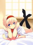  alice_margatroid ascot bare_shoulders bed between_breasts blonde_hair blue_eyes blush bra breast_lift breasts cleavage crossed_arms crossed_legs face feet hairband large_breasts lingerie looking_up lying off_shoulder on_stomach short_hair smile socks solo touhou underwear uro 