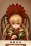  absurdres blonde_hair blue_eyes bonnet bow drill_hair flower highres long_hair red_flower red_rose rose rozen_maiden shinku solo tsun_(tsutaya01) twintails 