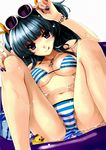  bikini black_hair blush bracelet breasts cleavage fingernails hair_ribbon highres innertube jewelry legs legs_up long_fingernails long_hair long_legs medium_breasts misaki_kurehito nail_art nail_polish navel necklace original purple_eyes purple_nails ribbon rubber_duck sitting smile solo string_bikini striped striped_bikini sunglasses swimsuit tongue twintails water 