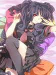  bad_id bad_pixiv_id bed black_hair long_hair lying meo necktie original pillow red_eyes skirt solo thighhighs wavy_hair 