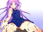  bulge crossdressing happiness! long_hair male_focus mud one-piece_swimsuit otoko_no_ko perspective purple_eyes purple_hair school_swimsuit solo swimsuit taigi_akira watarase_jun 