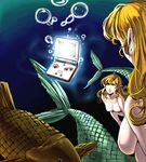  bad_id bad_pixiv_id blonde_hair blue_background breasts bubble fish game_boy game_boy_advance_sp handheld_game_console long_hair masao medium_breasts mermaid monster_girl multiple_girls nintendo no_nipples nude ocean pointy_ears product_placement scales underwater wavy_hair 