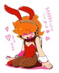  amazu_(tokyo) animal_ears blush bow bowtie brief_(psg) bunny_boy bunny_ears bunny_tail bunnysuit crossdressing fishnet_pantyhose fishnets freckles hair_over_eyes headphones male_focus official_style orange_hair panty_&amp;_stocking_with_garterbelt pantyhose solo tail translated wrist_cuffs 