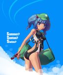  ass backpack bag blue_eyes blue_hair breasts butt_crack competition_swimsuit covered_nipples english engrish hair_ornament kawashiro_nitori key md5_mismatch one-piece_swimsuit ranguage short_hair small_breasts solo swimsuit tama_(speedgrapher) tan touhou twintails two_side_up 