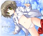  bad_id bad_pixiv_id bow bow_panties brown_eyes brown_hair dutch_angle hair_ornament hidamari_sketch kohakugin panties school_uniform shochuumimai short_hair side-tie_panties skirt skirt_around_one_leg solo sports_bra underwear undressing untied untied_panties wardrobe_malfunction white_panties x_hair_ornament yuno 