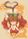  animal_ears ass blush breasts brown_hair cat_ears cat_tail chen hat heart heart_tail kuromiya large_breasts mouth_hold multiple_tails older panties short_hair solo tail touhou underwear 