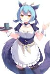  absurdres apron aqua_hair cosplay cup dragon_girl duel_monster highres kanzakietc laundry_dragonmaid maid parlor_dragonmaid parlor_dragonmaid_(cosplay) skirt tail thighhighs tray yellow_eyes yu-gi-oh! 