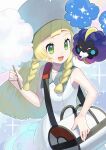  1girl :d bag bangs bare_arms blonde_hair blunt_bangs braid collarbone collared_dress commentary_request cosmog cotton_candy dress duffel_bag eating eyelashes green_eyes happy hat holding lillie_(pokemon) long_hair open_mouth poke_ball_theme pokemon pokemon_(creature) pokemon_(game) pokemon_sm sleeveless sleeveless_dress smile sun_hat sundress teeth tongue twin_braids white_dress yamanashi_taiki 