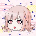  1girl :o bangs brown_hair danganronpa_(series) danganronpa_2:_goodbye_despair flipped_hair galaga hair_ornament head medium_hair multicolored_background nanami_chiaki nanamyi_(sevens-sea-ai) pink_eyes solo teeth upper_teeth 