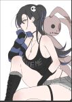  1girl bare_shoulders black_gloves black_hair black_tank_top blue_eyes boots breasts cleavage cross cross_necklace cutoffs ear_piercing earrings elbow_sleeve gloves grey_shorts hair_between_eyes highleg highleg_panties jewelry large_breasts leg_up long_hair looking_to_the_side mole mole_on_breast mole_under_eye multicolored_hair necklace oh_(aung_ae) original panties piercing short_shorts shorts side_ponytail single_sleeve sitting skindentation sleeves_past_wrists streaked_hair stuffed_animal stuffed_toy tank_top thigh_strap underwear white_background 