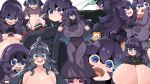  1girl @_@ ahoge alternate_breast_size breasts collage gigantic_breasts hex_maniac_(pokemon) highres long_hair messy_hair open_mouth pokemon pokemon_(game) pokemon_xy purple_eyes purple_hair sagging_breasts solo toudori 