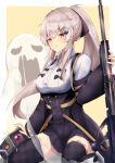  1girl :o absurdres anti-materiel_rifle aratake bangs black_skirt black_thighhighs blush breasts dinergate_(girls&#039;_frontline) full_body ghost girls&#039;_frontline grey_hair gun hair_ornament hairclip hairpin highres holding holding_gun holding_weapon iws_2000_(girls&#039;_frontline) iws_2000_(the_seventh_sealer)_(girls&#039;_frontline) large_breasts long_hair long_sleeves looking_at_viewer official_alternate_costume on_floor open_mouth ponytail purple_eyes rifle shirt sidelocks simple_background skirt sniper_rifle solo steyr_iws_2000 thighhighs weapon white_shirt zettai_ryouiki 