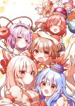  &gt;_&lt; 6+girls absurdres american_flag_dress ascot black_hairband black_headwear black_shirt blonde_hair blue_dress blue_hair blue_headwear blush bow brown_hair capelet closed_eyes closed_mouth clownpiece dress earth_(ornament) eyeball fairy fairy_wings fujiwara_no_mokou hair_bow hair_ornament hair_tubes hairband hakurei_reimu hat heart heart_hair_ornament hecatia_lapislazuli highres japanese_clothes jester_cap kamishirasawa_keine komeiji_satori lily_white long_hair long_sleeves multiple_girls nontraditional_miko off-shoulder_shirt off_shoulder open_mouth pink_eyes pink_hair pink_headwear polka_dot polka_dot_headwear polos_crown red_bow red_eyes red_hair shirt short_hair short_sleeves sidelocks skirt smile star_(symbol) star_print striped striped_dress suspenders third_eye tokin_hat touhou waramori_fuzuka white_bow white_capelet white_hair white_headwear white_shirt white_skirt wings yellow_ascot 