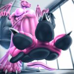  4_toes 5_fingers allandox anthro black_pawpads breasts chair claws clothing dragon eve_softpaw feet female finger_claws fingers foot_fetish foot_focus footwear furniture hi_res holding_clothing holding_footwear holding_object holding_shoes horn low-angle_view nude office office_chair on_chair pawpads paws pink_body shoes sitting sitting_on_chair solo toe_claws toes white_horn wings 