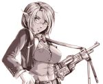  1girl belt bow bowtie breasts commentary daniel_fielding english_commentary glasses greyscale gun jacket large_breasts machine_gun midriff monochrome navel original pointy_ears sepia signature solo traditional_bowtie upper_body vest weapon 