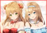  2girls absurdres aratake arm_up bangs bare_shoulders blonde_hair blue_dress blue_eyes blue_hairband blush border bow breasts cleavage commentary double_bun dress girls&#039;_frontline green_eyes hair_bow hair_bun hairband highres long_hair looking_at_viewer medium_breasts multiple_girls open_mouth parted_lips red_border red_dress rfb_(girls&#039;_frontline) rfb_(how_rfb_stole_xmas)_(girls&#039;_frontline) simple_background smile suomi_(girls&#039;_frontline) suomi_(korvatunturi_pixie)_(girls&#039;_frontline) teeth upper_body upper_teeth 