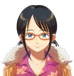  1girl 58_(mapledan) black_hair blue_eyes coat coat_on_shoulders collarbone commentary_request dated epaulettes floral_print fur-trimmed_coat fur_trim glasses happy one_piece pink_shirt print_shirt red-framed_eyewear shirt simple_background smile solo tashigi upper_body white_background 