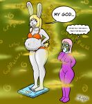  absurd_res anthro big_breasts bloated blonde_hair blue_eyes breasts clothing duo embarrassed fart fart_cloud fart_fetish female fur gas gas_mask grey_body grey_fur hair hi_res klovs lagomorph leporid mammal mask rabbit slime text underwear upset_stomach 