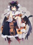  1girl animal_ears argyle argyle_background bird_wings black_hair black_hakama black_wings cat_ears cat_tail closed_mouth feathered_wings full_body geta hair_between_eyes hakama halloween halloween_costume hat highres japanese_clothes kimono long_sleeves nikorashi-ka pom_pom_(clothes) red_eyes red_footwear red_headwear shameimaru_aya short_hair solo tail tengu-geta tokin_hat touhou white_kimono wide_sleeves wings 