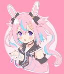  1girl animal_ears bandaid bandaid_on_hand bangs black_bow black_choker black_sailor_collar blue_hair blue_nails blush_stickers bow bunny-shaped_pupils choker commentary_request crescent cropped_torso ear_bow hair_between_eyes hair_flaps hair_ornament hairclip highres indie_virtual_youtuber long_hair long_sleeves looking_at_viewer meito_(maze) mitsuki_shio multicolored_hair nail_art open_mouth outline pink_background pink_hair pink_shirt pink_sleeves puffy_long_sleeves puffy_sleeves purple_eyes rabbit_ears rabbit_hair_ornament sailor_collar shirt sleeveless sleeveless_shirt sleeves_past_wrists solo streaked_hair symbol-shaped_pupils two-tone_hair upper_body v-shaped_eyebrows very_long_hair white_outline x_hair_ornament 