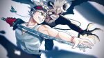  2boys asta_(black_clover) black_clover black_headband demon demon_horns demon_tail demon_wings green_eyes grey_hair headband highres holding holding_sword holding_weapon horns katana liebe_(black_clover) multiple_boys red_eyes sekkkkkasgr shirt sword tail weapon white_background white_hair white_shirt wings 