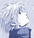  1boy cloud_strife daniel_fielding final_fantasy final_fantasy_vii final_fantasy_vii_advent_children greyscale looking_up male_focus monochrome portrait profile rain solo wet 