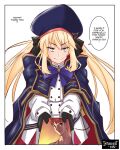  1boy 1girl artoria_caster_(fate) artoria_caster_(second_ascension)_(fate) artoria_pendragon_(fate) black_bow blonde_hair blue_capelet blue_headwear bow capelet emiya_shirou english_text fate/grand_order fate/stay_night fate_(series) green_eyes hair_bow introvert-kun long_hair orange_hair twintails yellow_eyes 