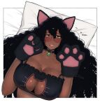  1girl animal_ears animal_hands black_hair blush broccoli_(ohasi) cat_cutout cat_ears cat_girl cat_lingerie cat_paw cleavage_cutout clothing_cutout dark-skinned_female dark_skin glasses gloves long_hair meme_attire ohasi original paw_gloves paw_pose pillow solo sweat underwear very_dark_skin very_long_hair 